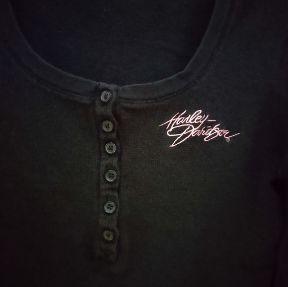 Harley Davidson Waffle Knit Scoop Neck Pullover Long Sleeve L Pink Black Cotton - Picture 4 of 10